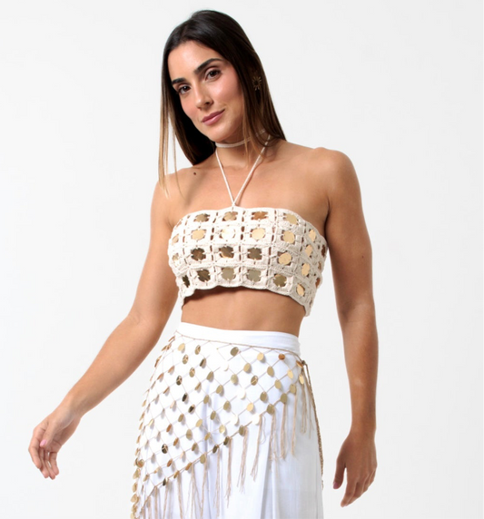 Cropped Handmade Lantejoulas Cru e Dourado