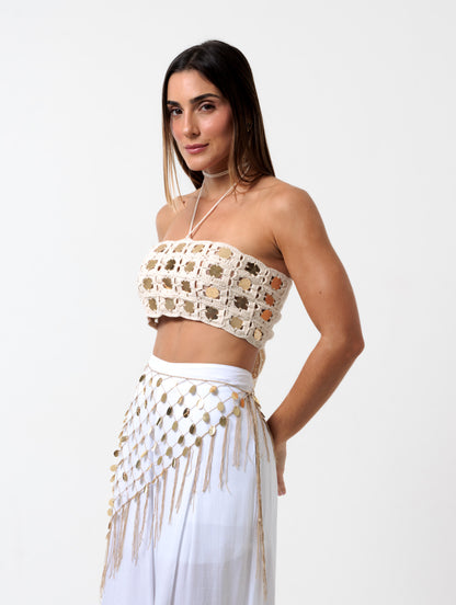 Cropped Handmade Lantejoulas Cru e Dourado