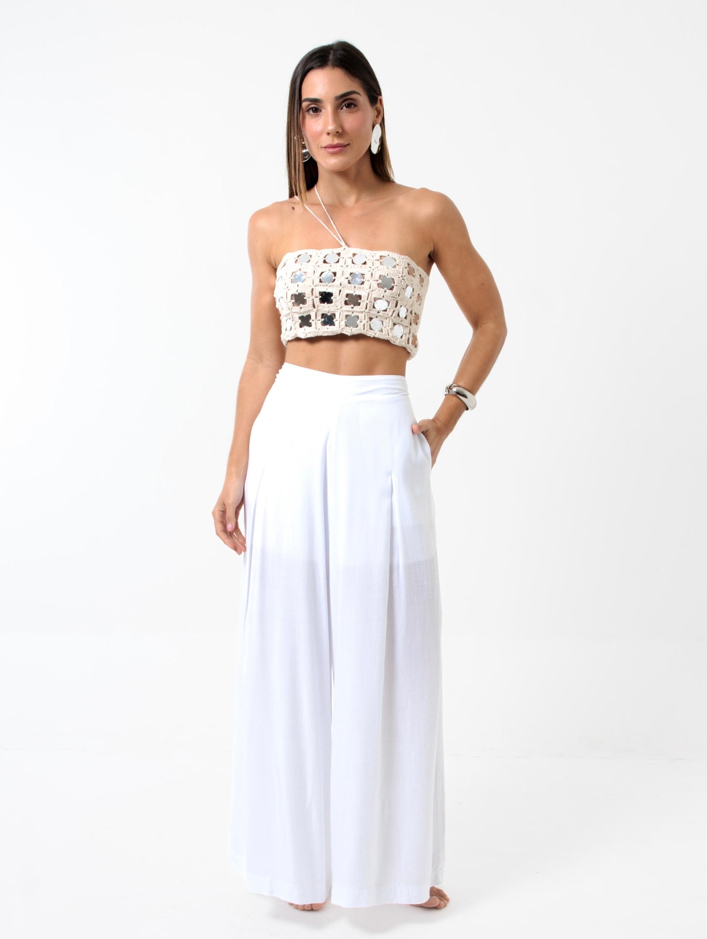 Cropped Handmade Lantejoulas Cru e Prata