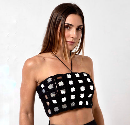 Cropped Handmade Lantejoulas Preto e Prata