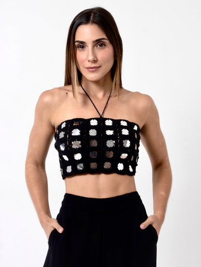 Cropped Handmade Lantejoulas Preto e Prata