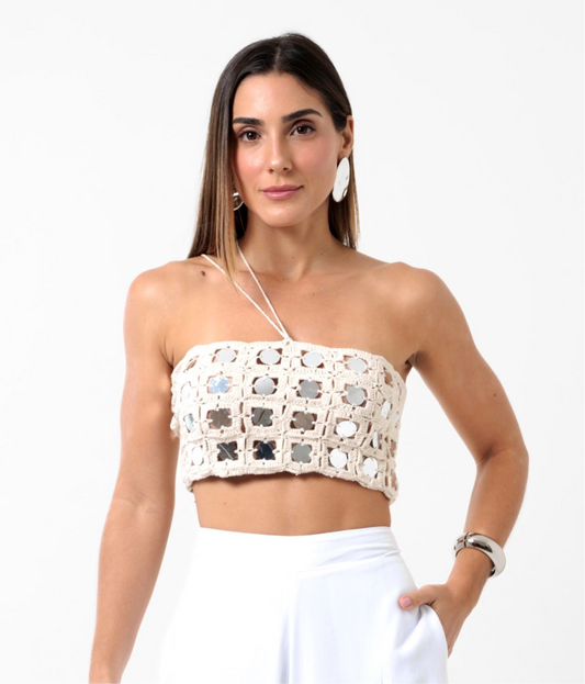 Cropped Handmade Lantejoulas Cru e Prata