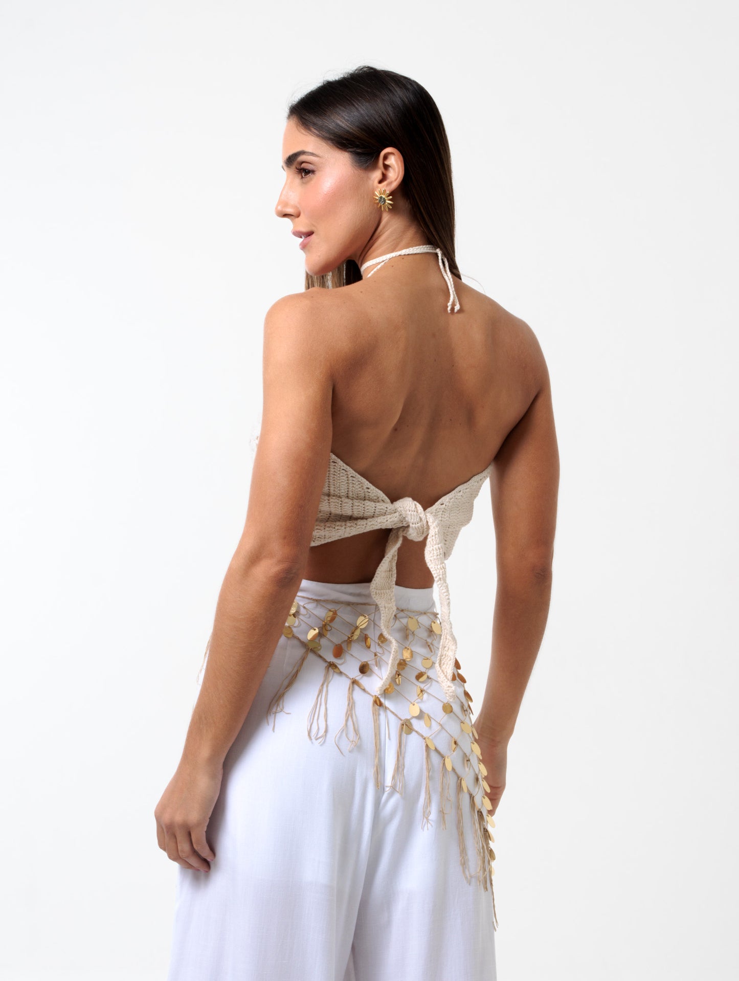 Cropped Handmade Lantejoulas Cru e Dourado