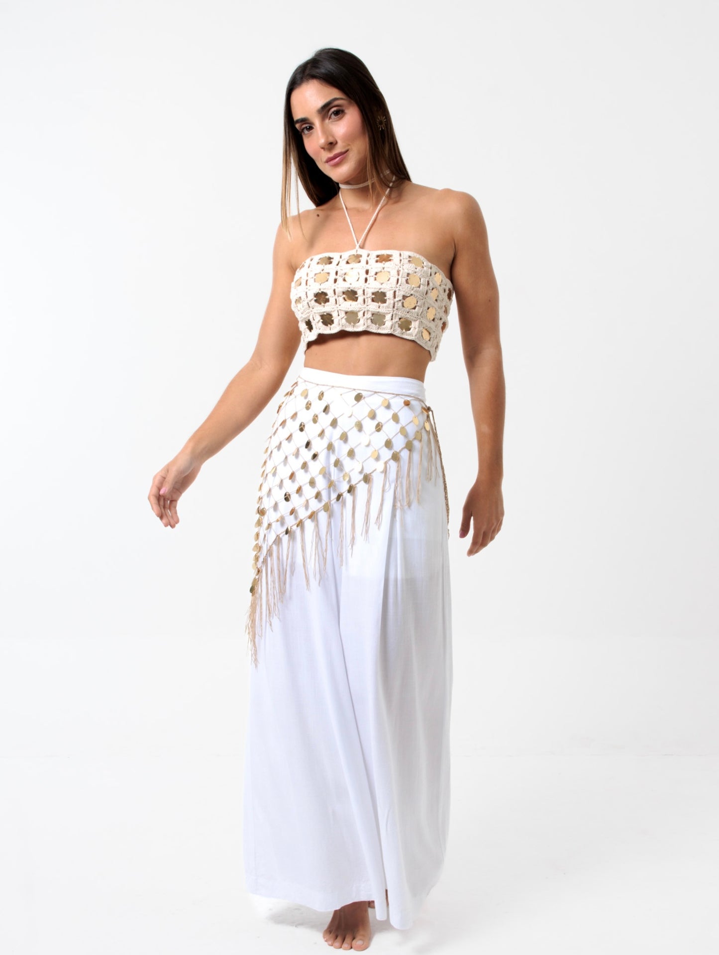 Cropped Handmade Lantejoulas Cru e Dourado