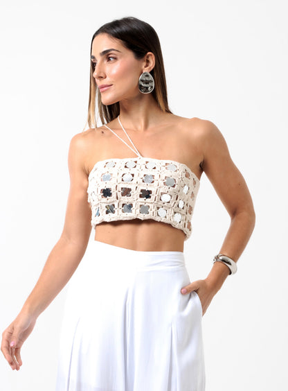 Cropped Handmade Lantejoulas Cru e Prata