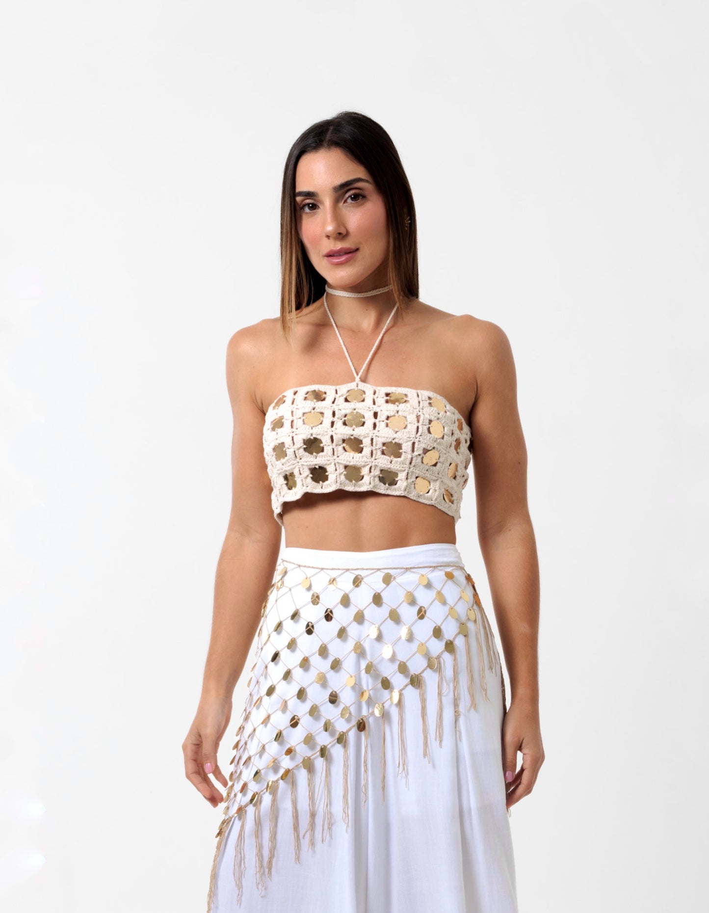 Cropped Handmade Lantejoulas Cru e Dourado