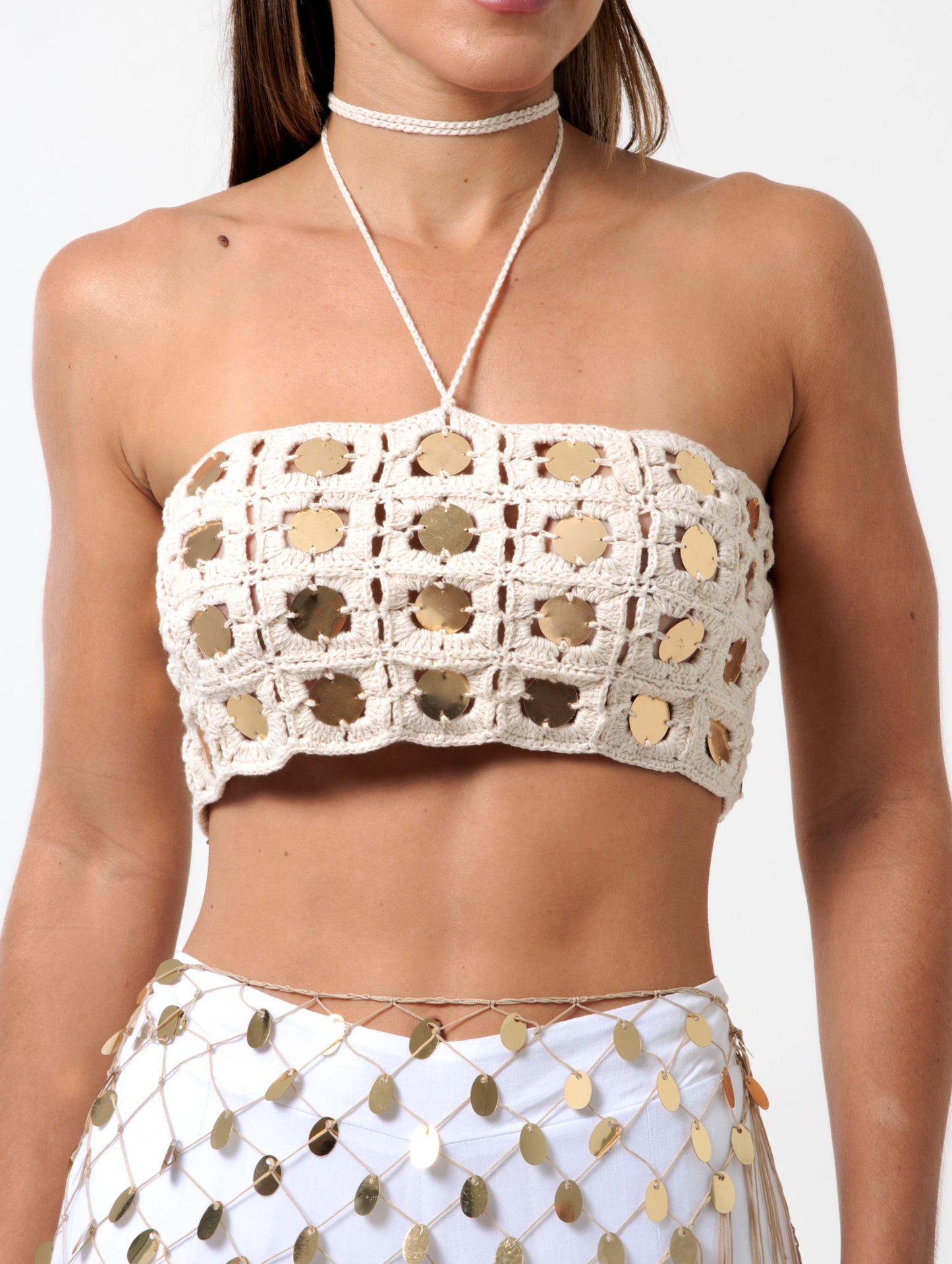 Cropped Handmade Lantejoulas Cru e Dourado