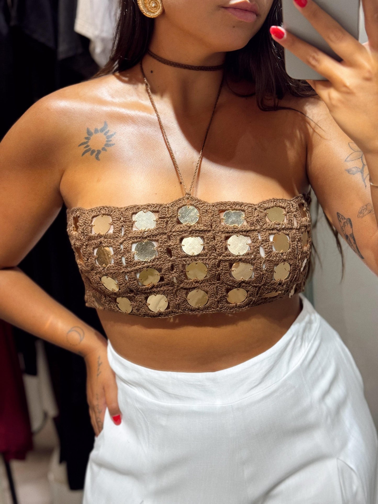 Cropped Handmade Lantejoulas Macadâmia e Dourado