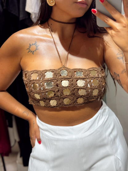 Cropped Handmade Lantejoulas Macadâmia e Dourado